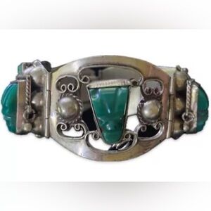 Mexican Silver and Carved Stone Aztec Theme Bracelet